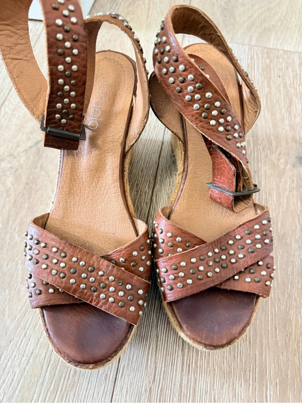 Studded Tan Leather Wedge Sandals with Ankle Strap